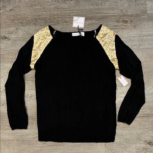 NWT Bisou Bisou Black Blouse with Gold Sequin Accents on shoulders M